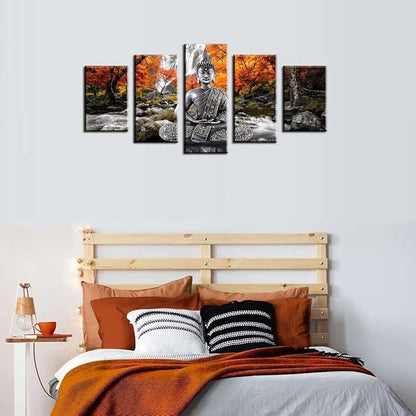 AWLXPHY Decor Buddha Wall Art Canvas Painting Framed 5 Panels for Living Room Decoration Modern Landscape Buddha Waterfall Trees Zen Stretched Artwork Giclee (Yellow, 40"x20")