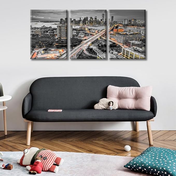 TUMOVO Brooke Bridge, Manhattan, New York Skyline Black and White Wall Art 3 Pieces Nighttime Lightscape Bedroom Living Room City Skyline Wall Decor for Living Room Framed Ready to Hang (36" Wx16 H)