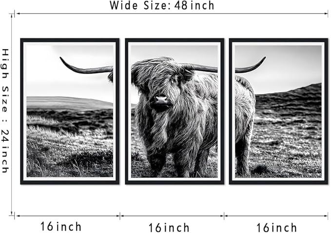 Yatsen Bridge Farmhouse Highland Cow Canvas Wall Art Black White Vintage Farmhouse Cow Picture for Kitchen Wall Decor Country Animal Print Artwork for Living Room Bedroom Decoration 16x24inchx3pcs