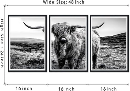 Yatsen Bridge Farmhouse Highland Cow Canvas Wall Art Black White Vintage Farmhouse Cow Picture for Kitchen Wall Decor Country Animal Print Artwork for Living Room Bedroom Decoration 16x24inchx3pcs