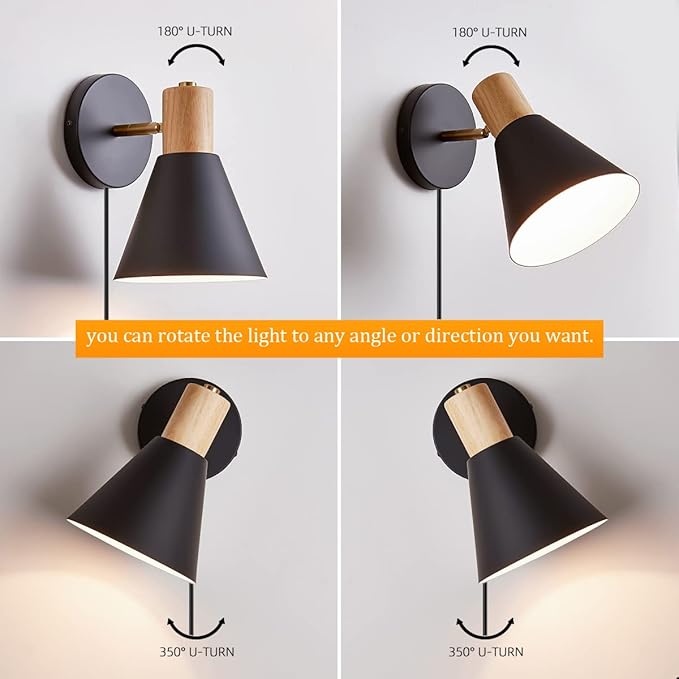 Plug in Wall Sconces Lighting Fixture, Wooden Adjustable Bedside Wall lamp for Industrial Bedroom, Living Room Bathroom Sink Lighting (1 Pack, Black)