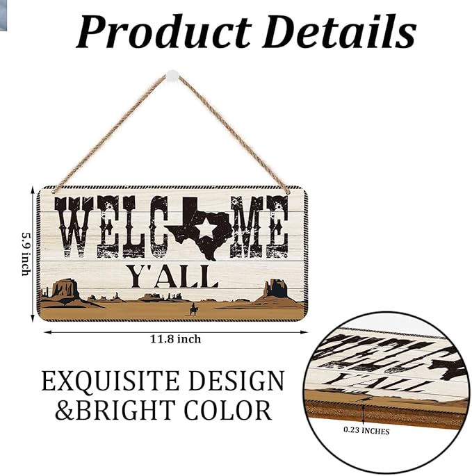 Texas Western Welcome Sign Wall Decor - Welcome Y'all, Cowboy Desert Landscape Wooden Wall Art, Rustic Hanging Plaque for Home Farmhouse Porch, Housewarming Gift