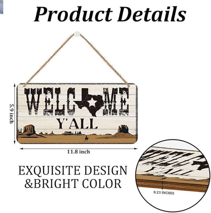 Texas Western Welcome Sign Wall Decor - Welcome Y'all, Cowboy Desert Landscape Wooden Wall Art, Rustic Hanging Plaque for Home Farmhouse Porch, Housewarming Gift