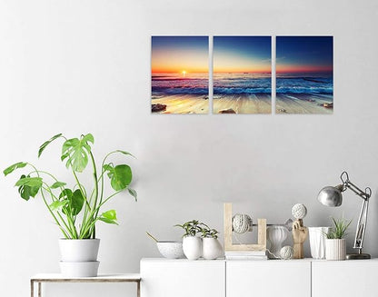 TutuBeer 3 Panels Beach Home Beach Decor Sea Wall Art for Home White Ocean Sea Sunrise with Deep Blue Sky Ocean Pictures Seascape Art for Wall Seascape Art 16" x 24" x 3 Pieces