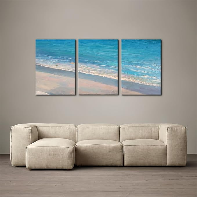 Pacimo - 3 Panels Canvas Wall Art Decor - Oil Painting Style Seascape with Waves on The Beach - Giclee Modern Artwork Prints on Canvas Gallery Wrap Home Decor Stretch Framed Ready to Hang - 20"x28"x3