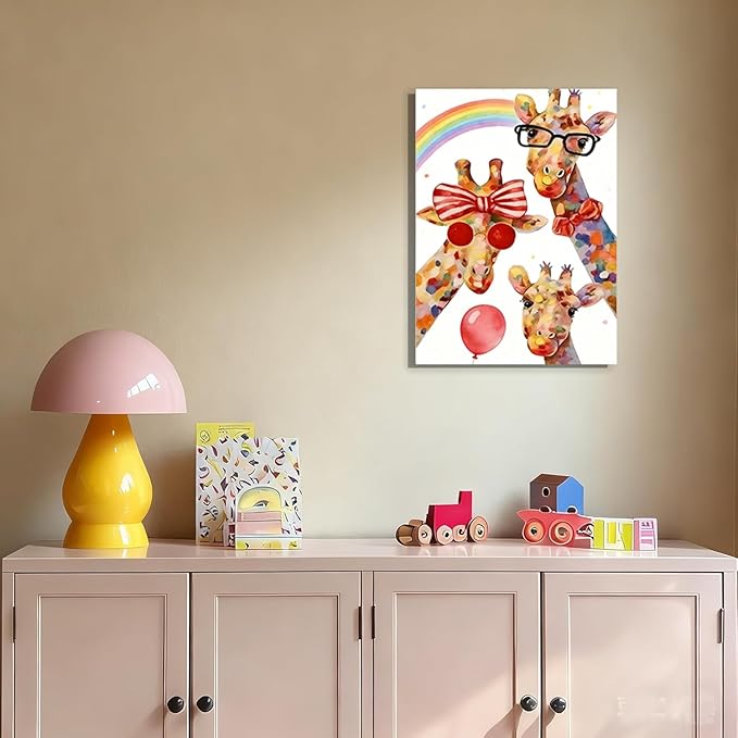 12x16 Inch Colorful Giraffe Canvas Wall Art - Watercolor Rainbow Giraffe Family Poster with Glasses Balloon - Framed Funny Animal Wall Decor Prints for Kids Bedroom Nursery Bathroom Playroom