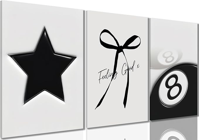 Black and White Wall Art Set of 3, Trendy Star Bow 8 Ball Canvas Wall Decor, Minimalist Aesthetic Wrapped Canvas Prints Ready to Hang for Teen Girl Bedroom Dorm Apartment Room 16x12 or 24x16 Inch