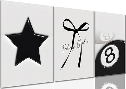 Black and White Wall Art Set of 3, Trendy Star Bow 8 Ball Canvas Wall Decor, Minimalist Aesthetic Wrapped Canvas Prints Ready to Hang for Teen Girl Bedroom Dorm Apartment Room 16x12 or 24x16 Inch