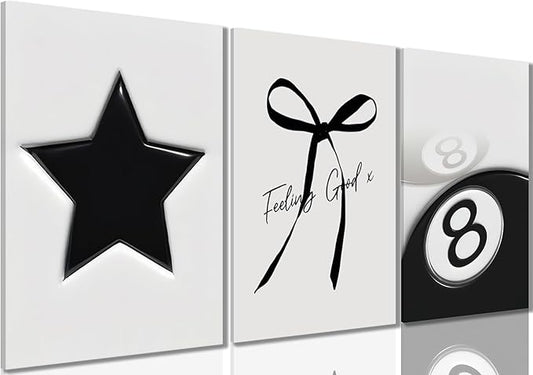 Black and White Wall Art Set of 3, Trendy Star Bow 8 Ball Canvas Wall Decor, Minimalist Aesthetic Wrapped Canvas Prints Ready to Hang for Teen Girl Bedroom Dorm Apartment Room 16x12 or 24x16 Inch