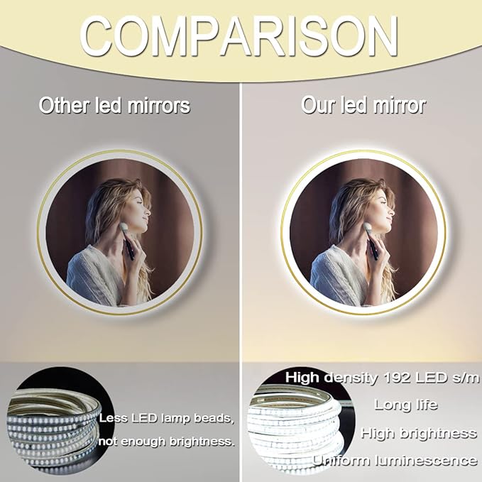 Gold Bathroom Round LED Mirror with Lights Gold Frame 20 Inch Round Lighted Mirror for Bathroom Wall Round Vanity Lighted Mirrors 3 Color Dimmable Anti Fog Bathroom Light up Smart Circle Mirror
