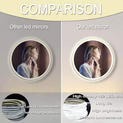 Gold Bathroom Round LED Mirror with Lights Gold Frame 20 Inch Round Lighted Mirror for Bathroom Wall Round Vanity Lighted Mirrors 3 Color Dimmable Anti Fog Bathroom Light up Smart Circle Mirror
