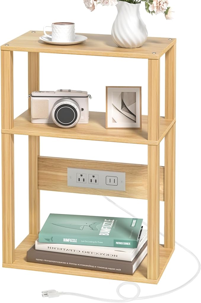 YUFAM Small Narrow Wood Side Table with Charging Station, 3-Tier Slim End Table for Small Space, Skinny Nightstand with Storage for Couch, Thin Bedside Table with USB Ports and Outlets, Natural