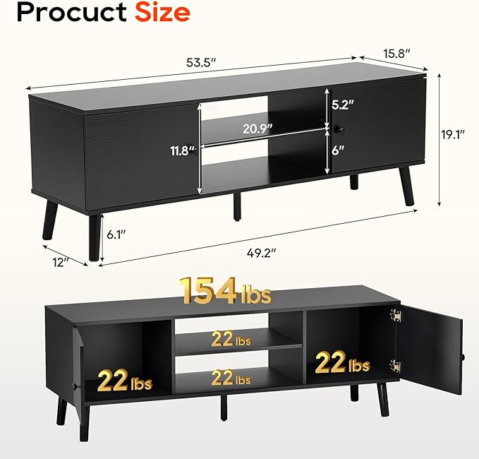 FDW TV Stand for 55 60 Inch TVs,Entertainment Center with 2 Storage Cabinets and Open Shelves, Modern Media Console Table for Living Room, Bedroom, Home Office,Black