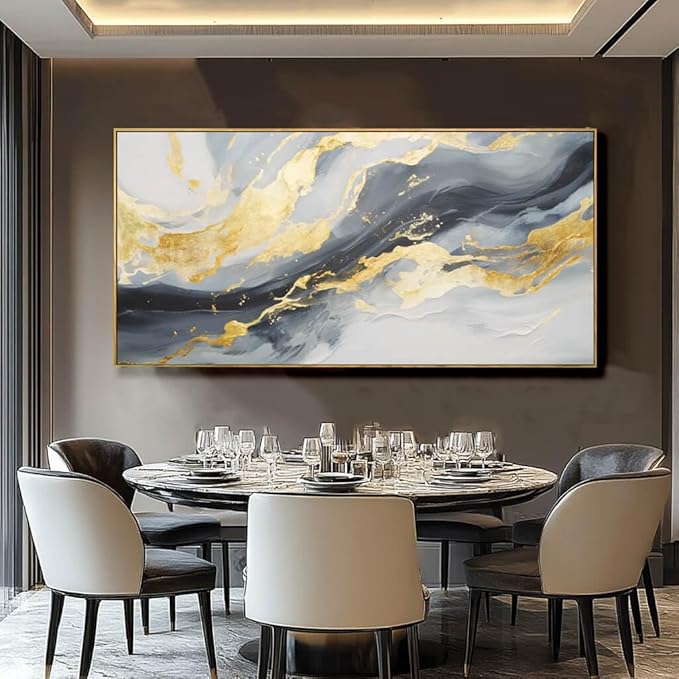 Framed Canvas Pictures Gold Wall Art Abstract Wall Art Blue Decor Metal Arts Large Prints Picture 24"x48" Artwork for Living Room Gallery Office