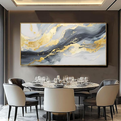 Framed Canvas Pictures Gold Wall Art Abstract Wall Art Blue Decor Metal Arts Large Prints Picture 24"x48" Artwork for Living Room Gallery Office