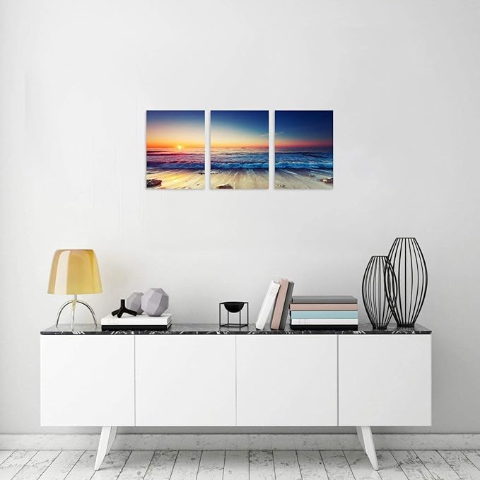 TutuBeer 3 Panels Beach Home Beach Decor Sea Wall Art for Home White Ocean Sea Sunrise with Deep Blue Sky Ocean Pictures Seascape Art for Wall Seascape Art 16" x 24" x 3 Pieces