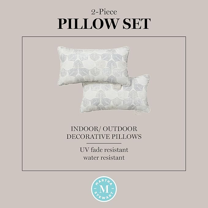 Martha Stewart Modern Banana Leaves Indoor Outdoor Decorative Lumbar Pillow 2-Pack Set, UV Fade Resistant, Water Repellent, Printed Tropical Design, Warm Grey, 11"x18"
