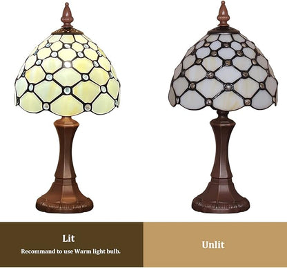 Capulina Tiffany Table Lamp 8 Inches Antique Beige Beads Style Stained Glass Small Desk Lamp Decor for Home Office Bedroom Living Room