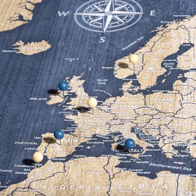 Conquest Maps World Travel Map with Pins Deep-Sea Drift Style Push Pin Travel Map Cork Board, Track Your Travels w/a Handmade Unique Canvas Pinable Map (54" x 36")
