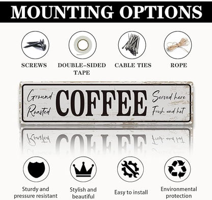 Coffee Signs for Coffees Corner Decor, Ground Roasted Coffee Served Here Sign, Retro Metal Tin Sign, Farmhouse Kitchen Wall Decor, Cafe Decoration, Decorative Metal Wall Signs 15.8x4 Inches