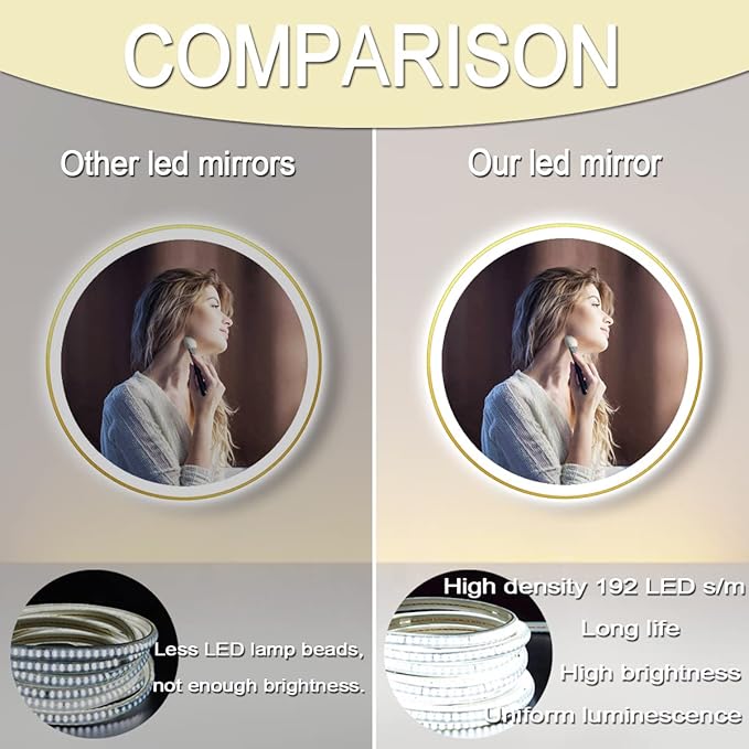 24 Inch Gold Bathroom Round LED Mirror with Lights Gold Frame Round Lighted Mirror for Bathroom Wall Round Vanity Lighted Mirrors 3 Color Dimmable Anti Fog Bathroom Circle Light up Smart Mirror