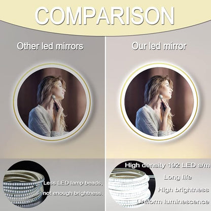 24 Inch Gold Bathroom Round LED Mirror with Lights Gold Frame Round Lighted Mirror for Bathroom Wall Round Vanity Lighted Mirrors 3 Color Dimmable Anti Fog Bathroom Circle Light up Smart Mirror