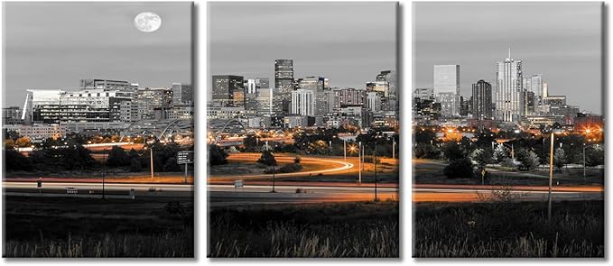TUMOVO 3 Panel Denver Skyline Office Decor American Cityscape Pictures Black and White Wall Art Nighttime Skyscrapers Lightscape Artwork Posters and Prints Framed Ready to Hang (36" Wx16 H)