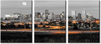 TUMOVO 3 Panel Denver Skyline Office Decor American Cityscape Pictures Black and White Wall Art Nighttime Skyscrapers Lightscape Artwork Posters and Prints Framed Ready to Hang (36" Wx16 H)