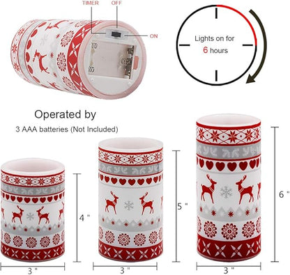 GenSwin Flameless Flickering Led Candles Battery Operated with 6 Hours Timer, Real Wax Pillar Candles Warm Light Love Deer Decal Decor Gift(Pack of 3)