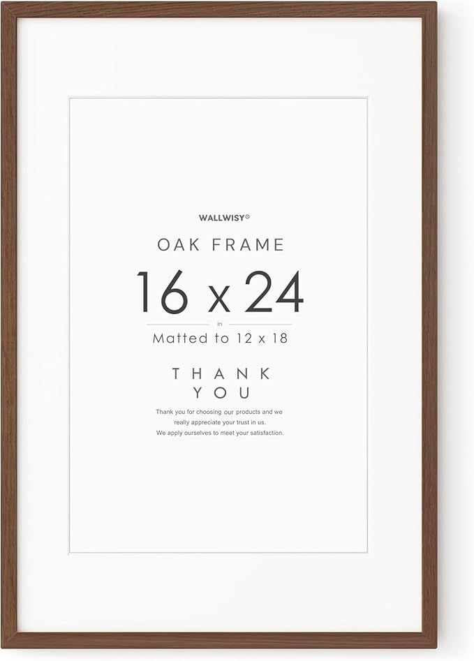 16x24 Wood Frame, Solid Oak 16x24 Poster Frames with Mat to 12x18(Openning Size is 11.7x17.7), Natural Oak 24x16 Frame, (Walnut Set of 1)
