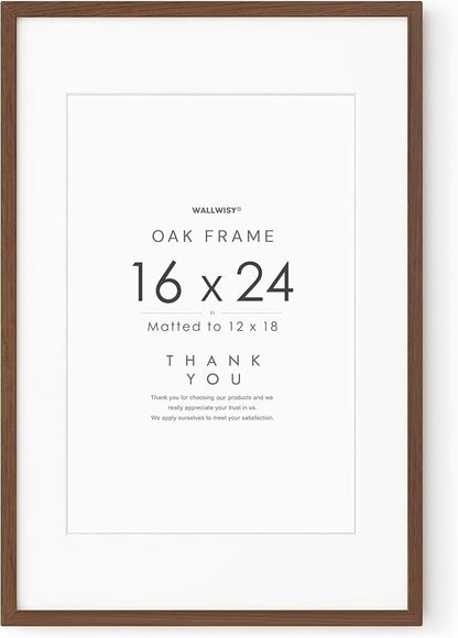 16x24 Wood Frame, Solid Oak 16x24 Poster Frames with Mat to 12x18(Openning Size is 11.7x17.7), Natural Oak 24x16 Frame, (Walnut Set of 1)