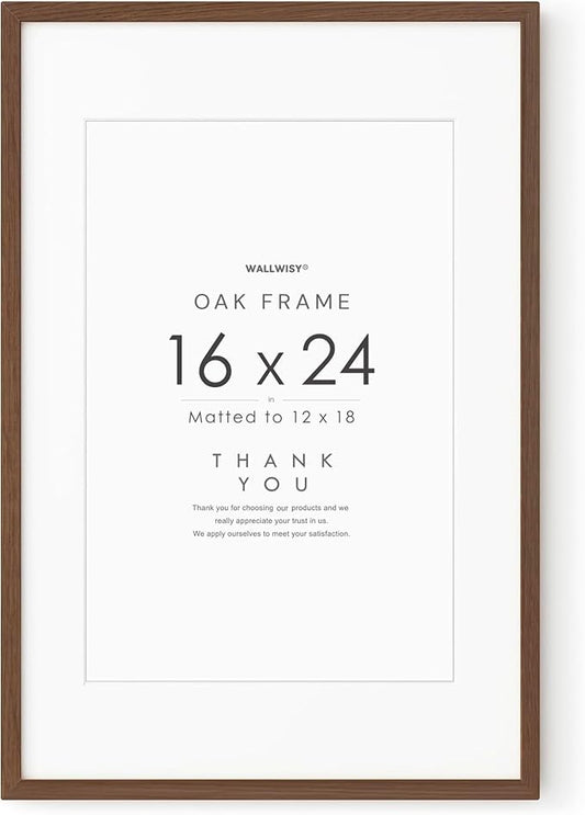 16x24 Wood Frame, Solid Oak 16x24 Poster Frames with Mat to 12x18(Openning Size is 11.7x17.7), Natural Oak 24x16 Frame, (Walnut Set of 1)