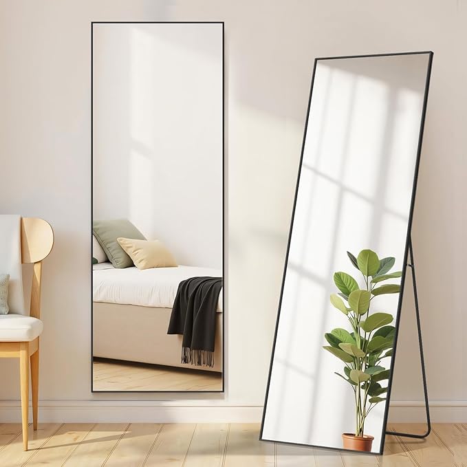 Full Length Floor Mirror, 15.75"x59" Full Body Standing Mirrors with Shatter-Proof Glass, Floor or Wall Mount, Hanging or Leaning, Aluminum Alloy Frame for Home Decor, Black