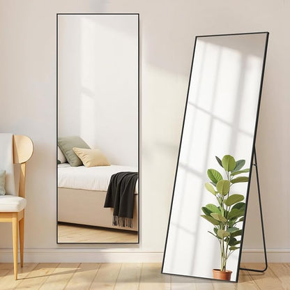 Full Length Floor Mirror, 15.75"x59" Full Body Standing Mirrors with Shatter-Proof Glass, Floor or Wall Mount, Hanging or Leaning, Aluminum Alloy Frame for Home Decor, Black
