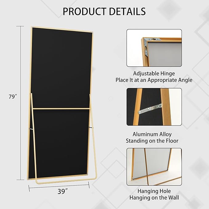 Beauty4U 79" x 39" Full Length Mirror with Stand, Large HD Tempered Glass Floor Mirror, Wall Mounted/Leaning/Standing, Gold Metal Frame Full Body Mirror for Bedroom, Living Room, Dressing Room