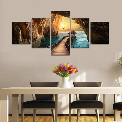 Yatsen Bridge 5 Panels Seascape Wall Art for Living Room Sunset and Seagulls Landscape Pictures Canvas Prints Artwork Modern Beach Home Decor Wooden Framed Ready to Hang - 50''W x 24''H