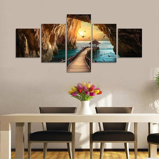 Yatsen Bridge 5 Panels Seascape Wall Art for Living Room Sunset and Seagulls Landscape Pictures Canvas Prints Artwork Modern Beach Home Decor Wooden Framed Ready to Hang - 50''W x 24''H