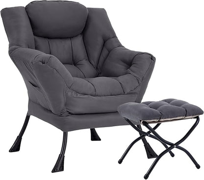 Lazy Chair with Ottoman, Large Dark Grey Accent Chair with Ottoman, Comfy Reading Armchair, Leisure Sofa Chair for Living Room, Bedroom, Dorm Room, Office