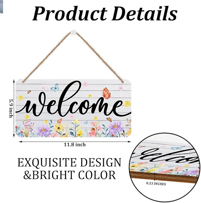 Spring Summer Wildflower Welcome Signs Wall Decor, Watercolor Butterfly Wooden Wall Art, Rustic Decorative Hanging Sign for Home Farmhouse Front Door, Housewarming Welcome Gifts