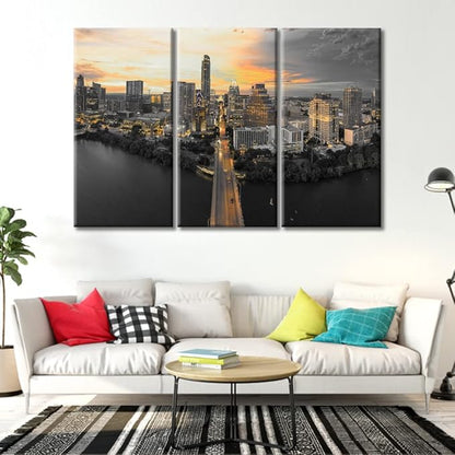 TUMOVO Austin Texas Skyline with Sunset Canvas Wall Art City Skyline Posters and Prints Bathroom Decor Wall Art 3 Panel Print on Canvas Stretched and Framed Ready to Hang (60" Wx40 H)