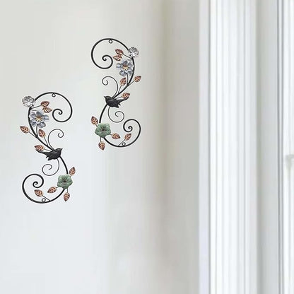 Birminwind 3D Metal Flower Wall Art: 2pcs Vintage Floral Wall Décor with Leaves Bird for Room - 15.16" Black and Gold Iron Decoration Indoor Outdoor