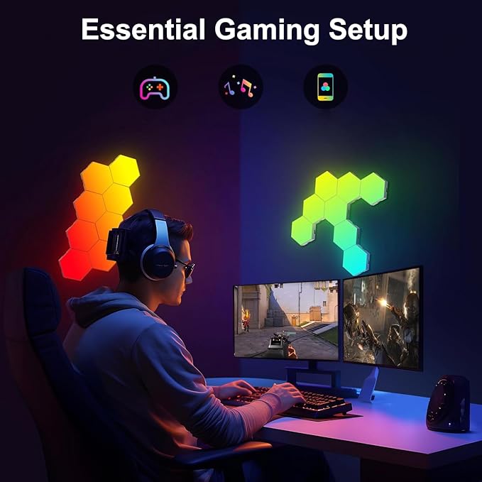 Hexagon Light Panels Expansion 4 LED Panels, Hexagon LED Wall Lights Dreamcolor Effects, Smart Gaming Lights Music Sync for Gaming Room Setup (No Controller/Remote)