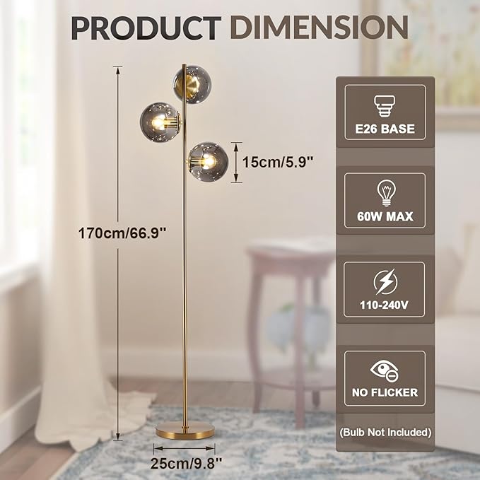 BOKT Mid Century Gold Floor Lamp Modern 3-Light Standing Lamp with Smokey Gary Glass Globe Shade Bright Floor Lamps Office Standing Pole Light for Living Room Bedroom Home Decor…