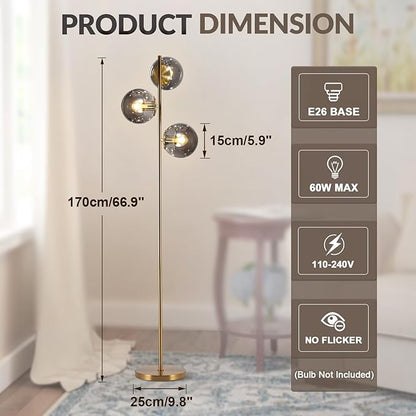 BOKT Mid Century Gold Floor Lamp Modern 3-Light Standing Lamp with Smokey Gary Glass Globe Shade Bright Floor Lamps Office Standing Pole Light for Living Room Bedroom Home Decor…