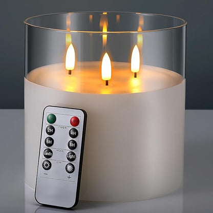 Retisee 6'' x 6'' Extra Large Flameless Candles, 3 Wick Glass Large Candles with Remote Control and Timer Function, Real Wax LED Pillar Flickering for St. Patrick's Spring Party Decor(Clear,1 Pcs)