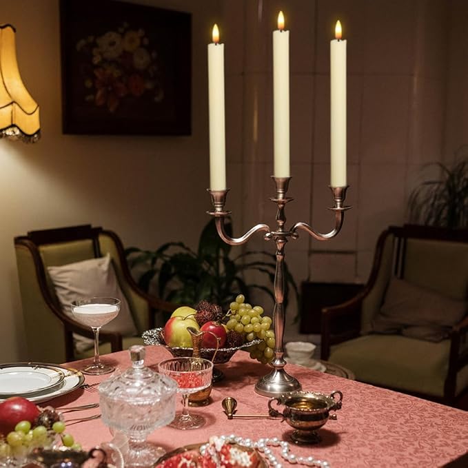 Ivory Flameless Taper Candles Battery Operated with 6H Timer, Real Wax 3D Wick Flickering LED Taper Candles Dinner Wedding Holiday Decor(6 Pack, 0.78 x 9.64 Inches)