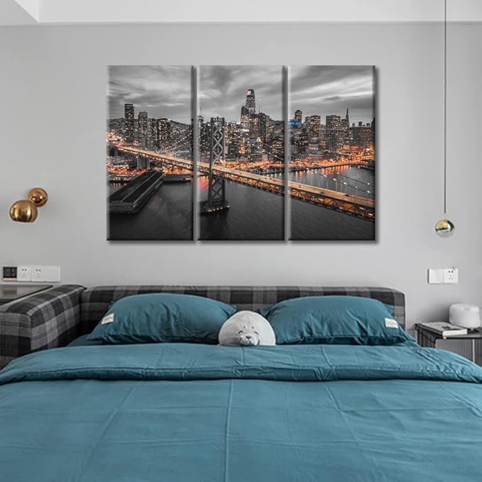TUMOVO 3 Piece American Cityscape Wall Art for Living Room Cityscape View of San Francisco and the Bay Bridge at Night California Wall Decor for Bedroom Framed Ready to Hang (60" Wx40 H)