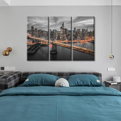 TUMOVO 3 Piece American Cityscape Wall Art for Living Room Cityscape View of San Francisco and the Bay Bridge at Night California Wall Decor for Bedroom Framed Ready to Hang (60" Wx40 H)