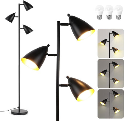 LALISU Tree Floor Lamp for Living Room, Industrial 3-Light Standing Lamp with 3 LED Bulbs, Adjustable Rotation Heads, Standing Tall Pole Lamp Farmhouse Rustic Reading Lamps for Bedroom Office (Black)