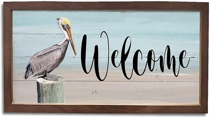 Pelican Welcome Sign, Framed Wood Signs, Welcome Sign for Farmhouse Porch Wall, Front Door Decors for Home, Rustic Hanging Decor, Wooden Framed Wall Decor 15×7.5×0.3 inches